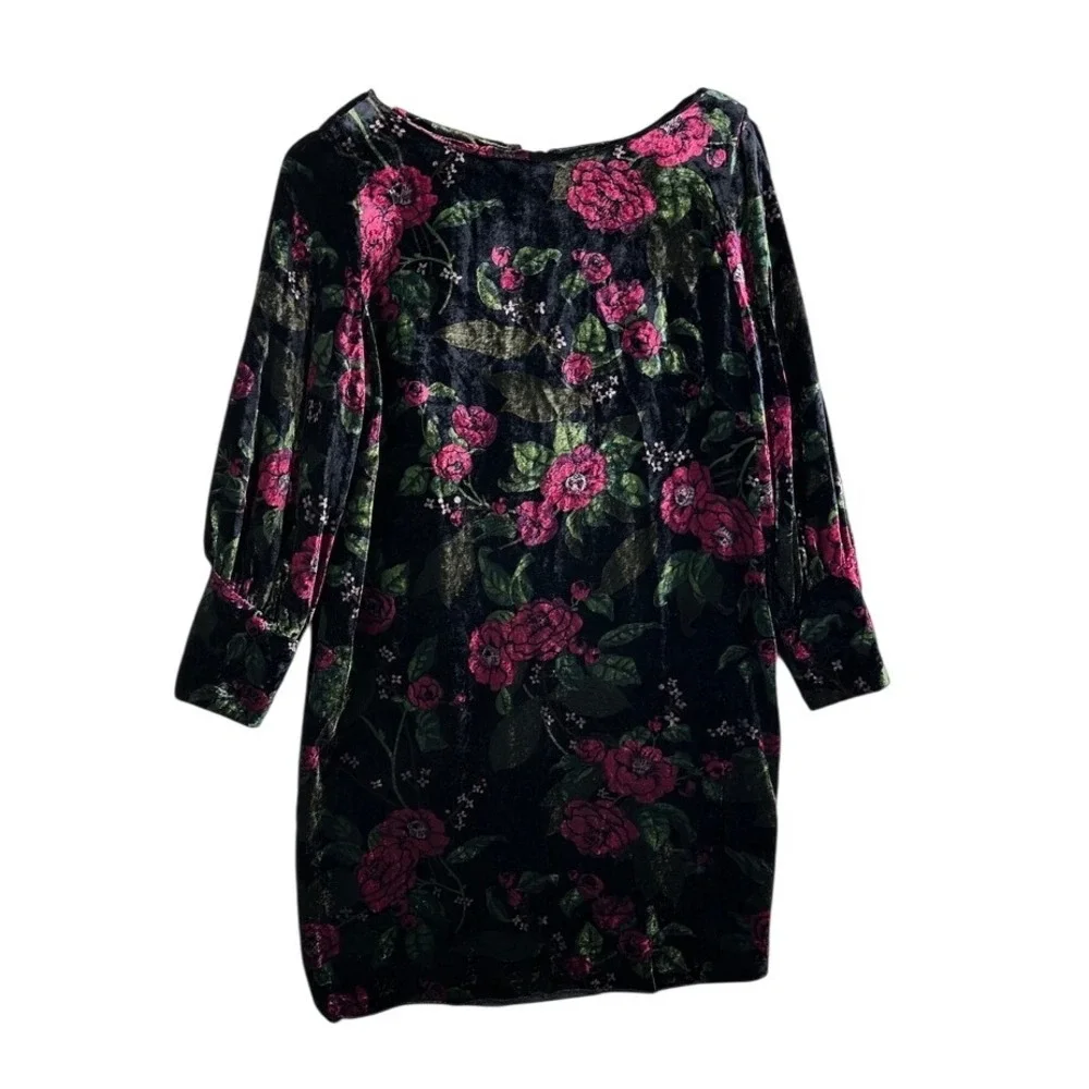 Ann Taylor boat neck cuffed puff sleeve Floral 90s Velvet Shift‎ Dress Size 12P